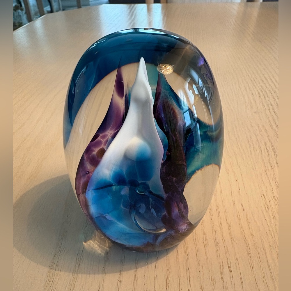 Elegant Blue and Purple Glass Egg Shaped Art Sculpture